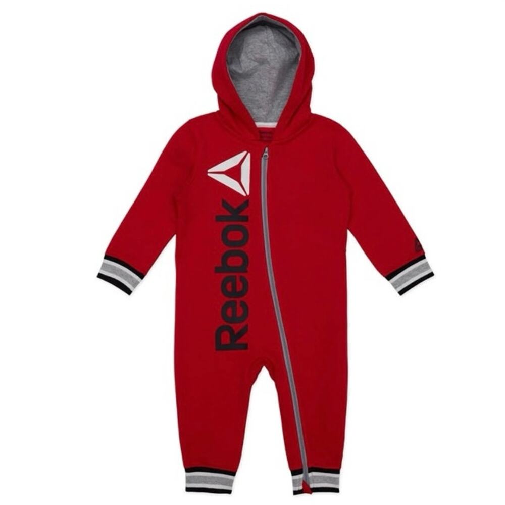 Reebok Baby Boy Hooded Romper, Size 3-6 Months red and black one piece outfit